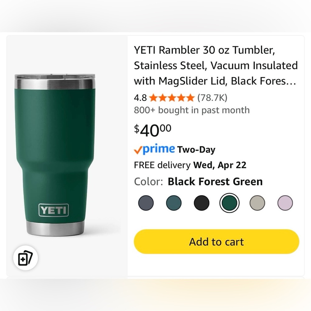 Yeti Rambler Tumbler in Forest Green with Stainless Accents